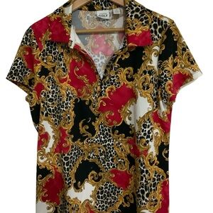 Vintage Chicos Golf 2 Red Gold Leopard Gemstone Button Front Collared Shirt
